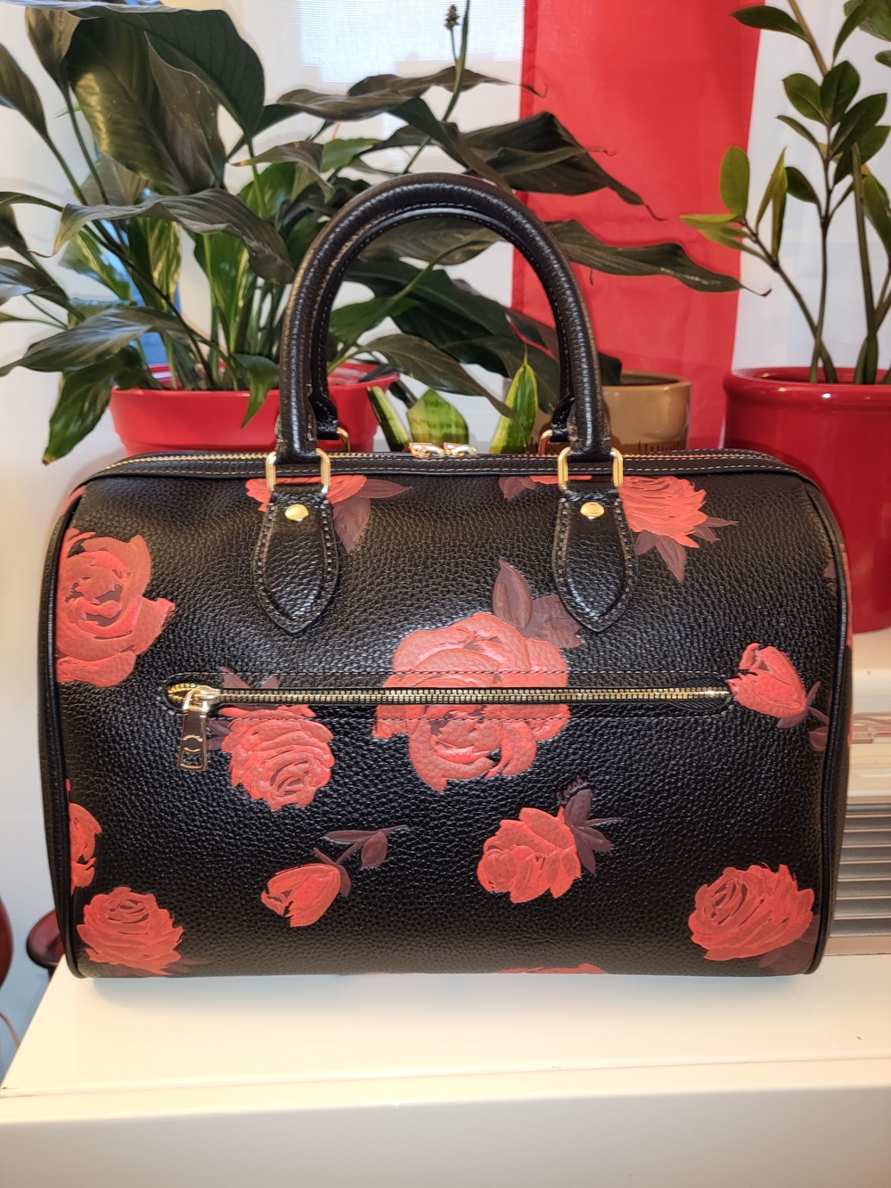 Coach Large Black Rowan Satchel with Red Rose Print - NWOT - Picture 3 of 7